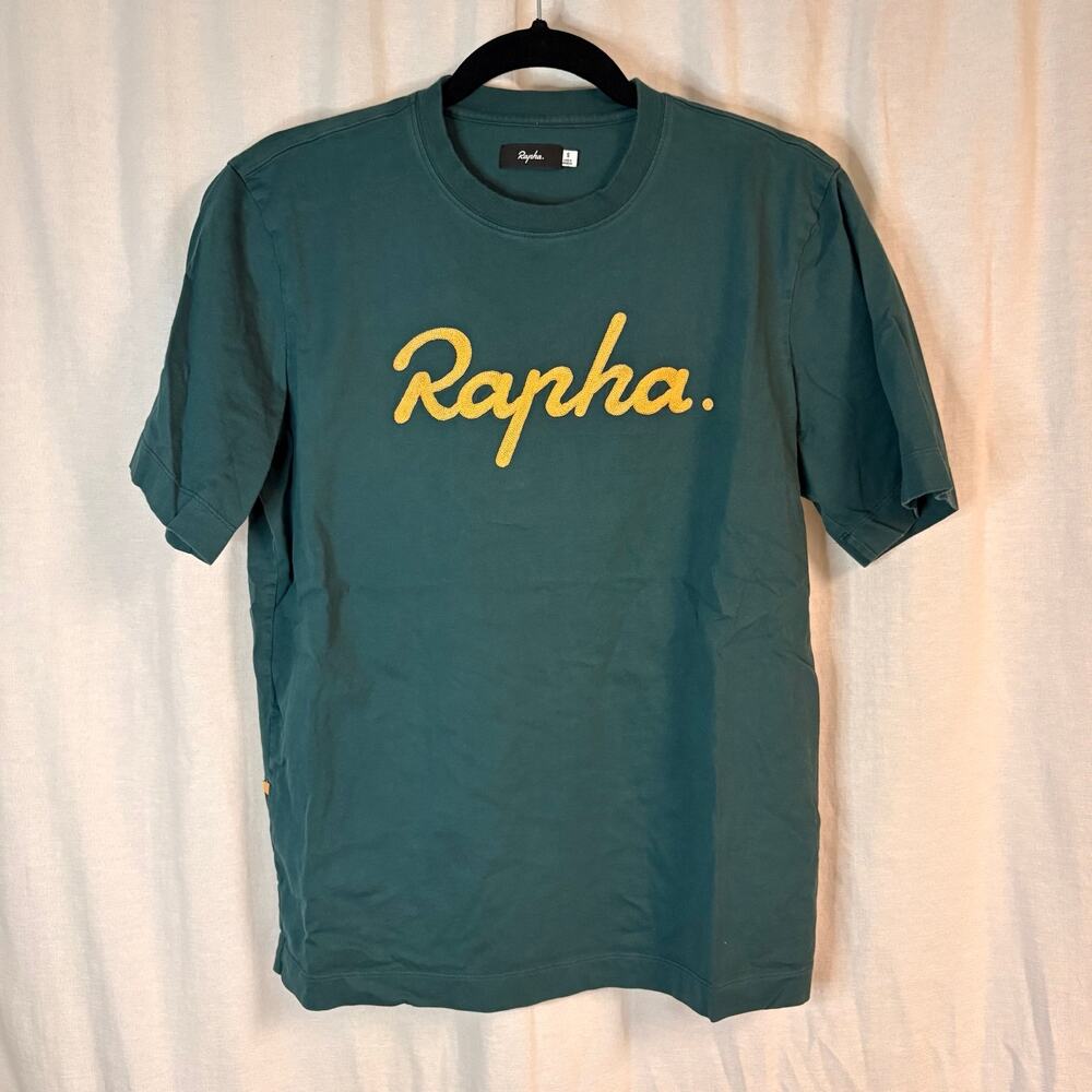 Rapha Logo T-Shirt Green Orange Embroidered Script 100% Cotton Men's Small
